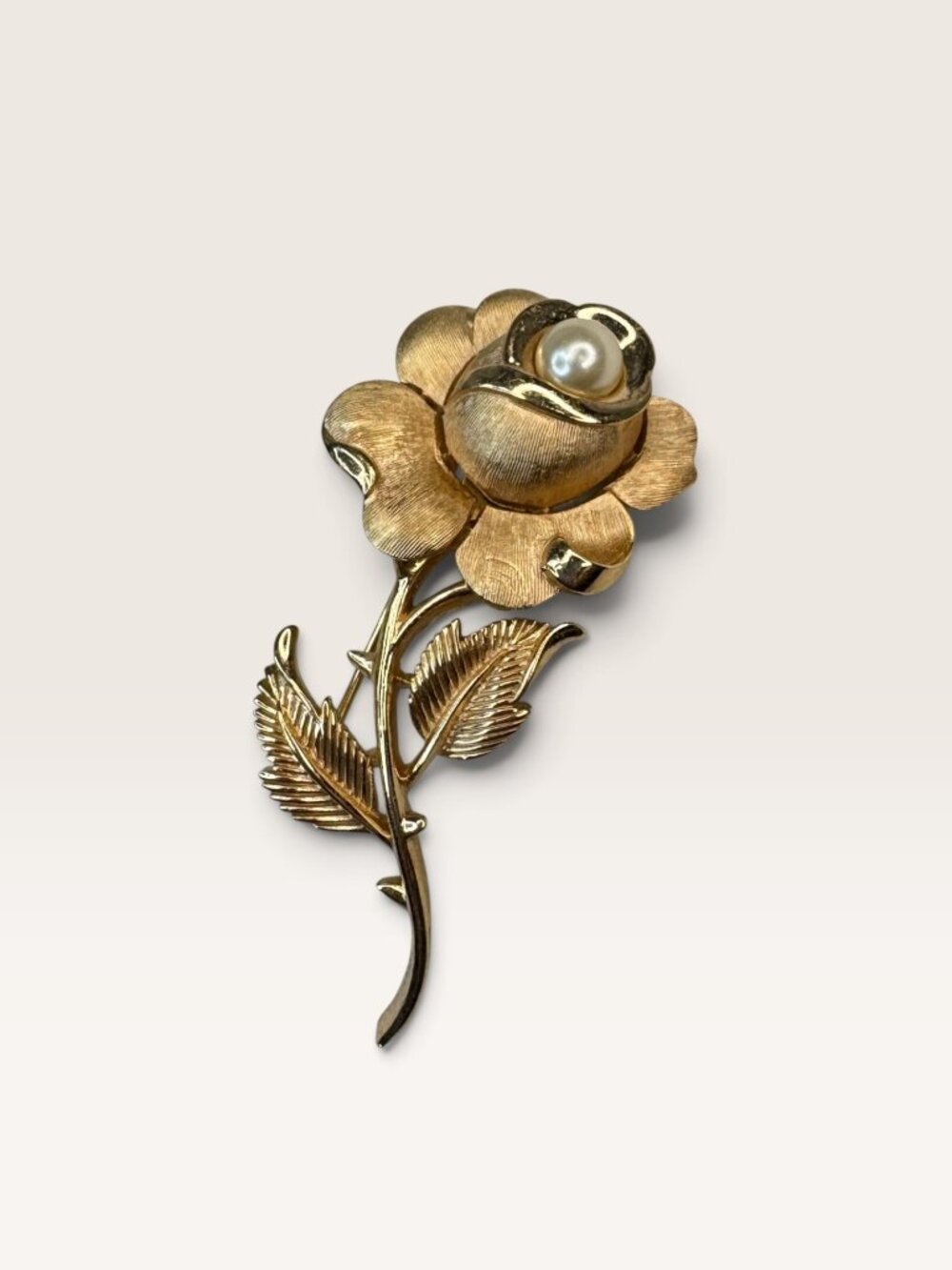 Vintage Crown Trifari Brushed Gold Faux Pearl Blooming Rose Brooch Pin 2.35"